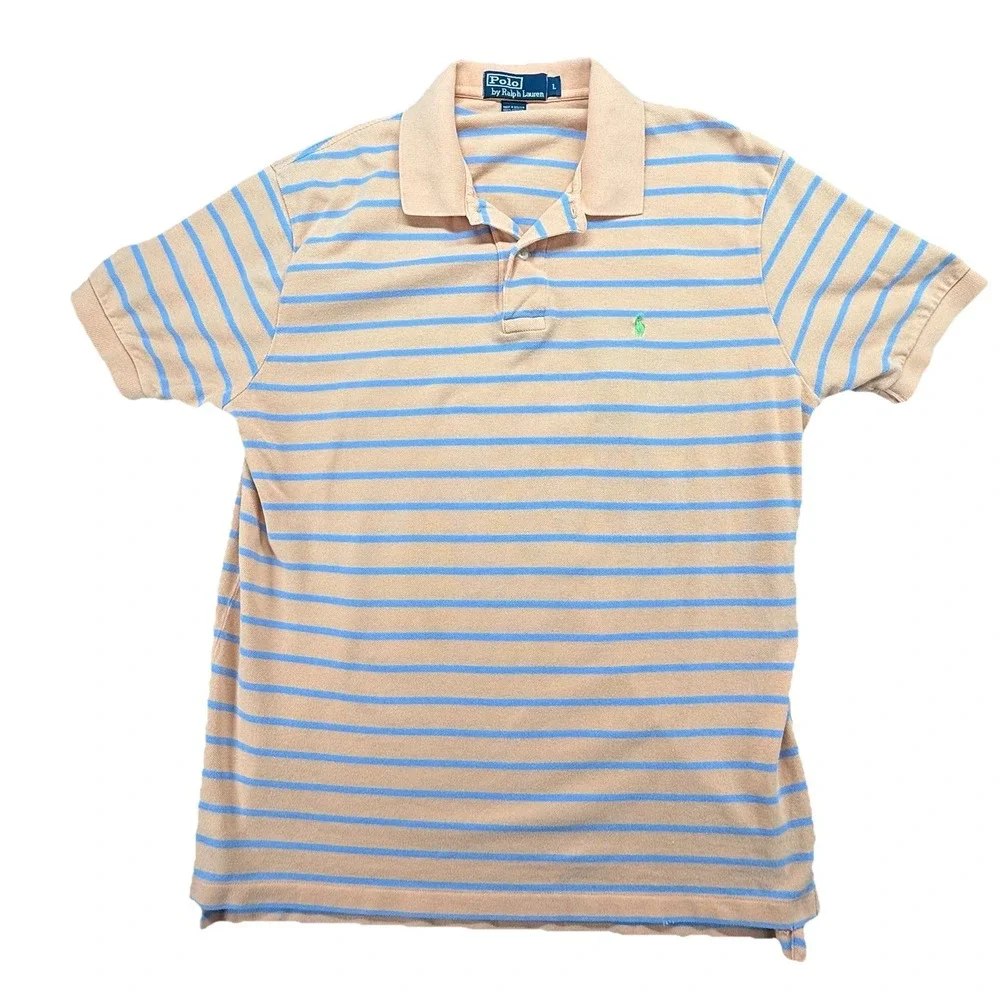 RALPH LAUREN‎ Polo Mens Shirt Large Peach Blue Striped Short Sleeve Cotton